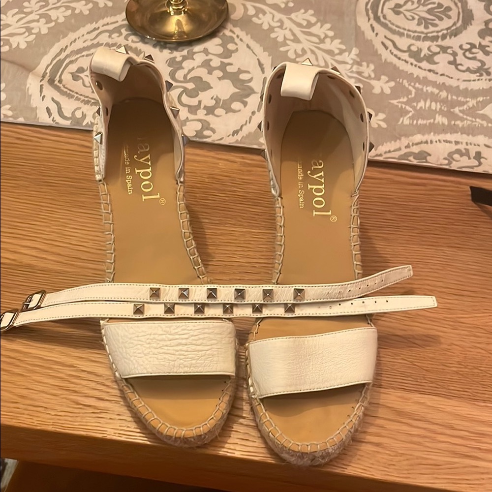 POL White Leather Espadrille Sandals with Studded Ankle Straps